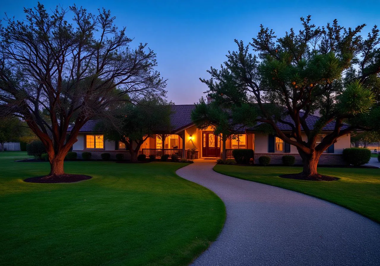Ranch home on acreage with citrus trees in Orangevale, California at dusk