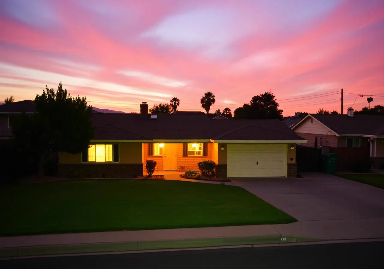 1960s ranch home in a North Highlands, California neighborhood at sunset
