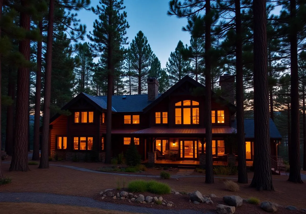 Rustic custom home in a Meadow Vista, California ponderosa pine forest at dusk
