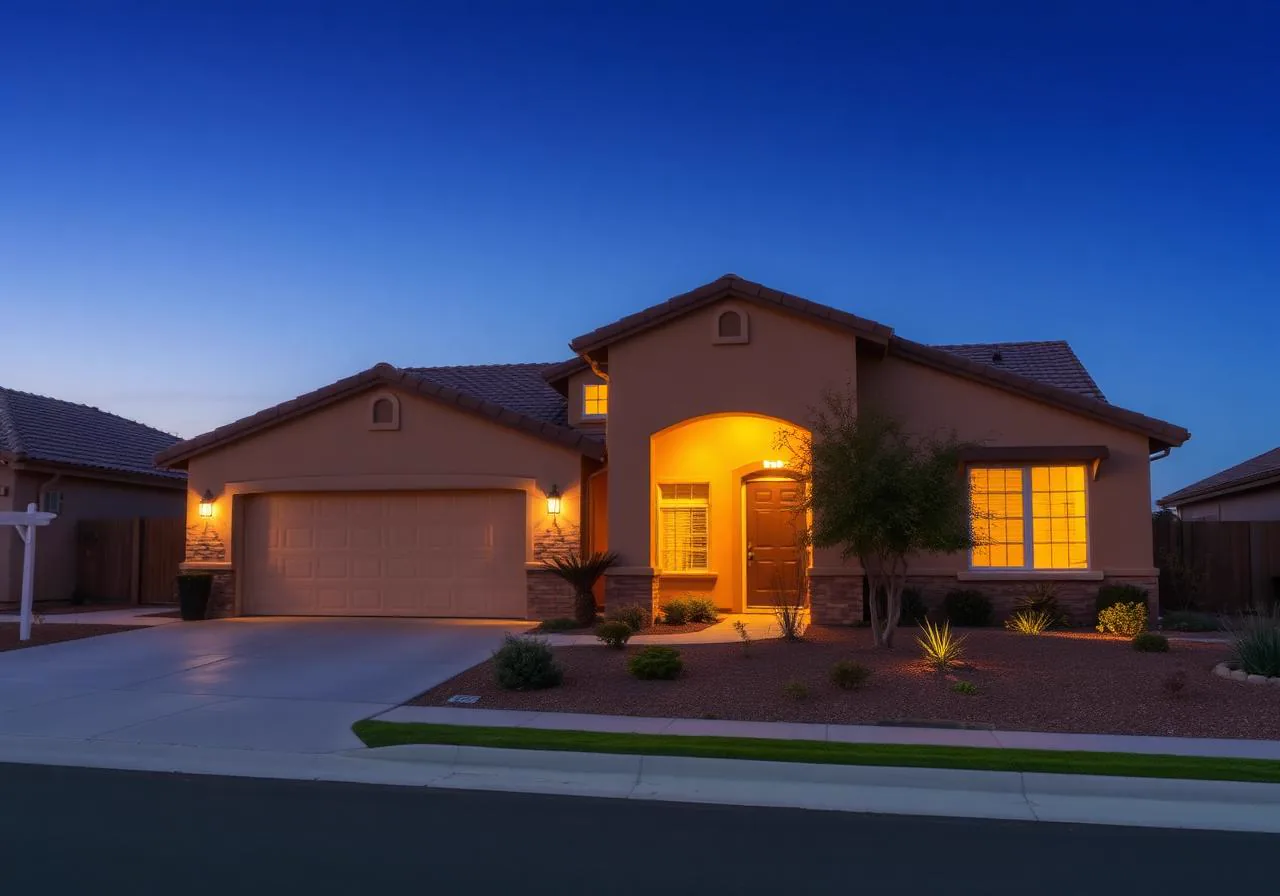 Contemporary single-family tract home in Antelope, California at dusk