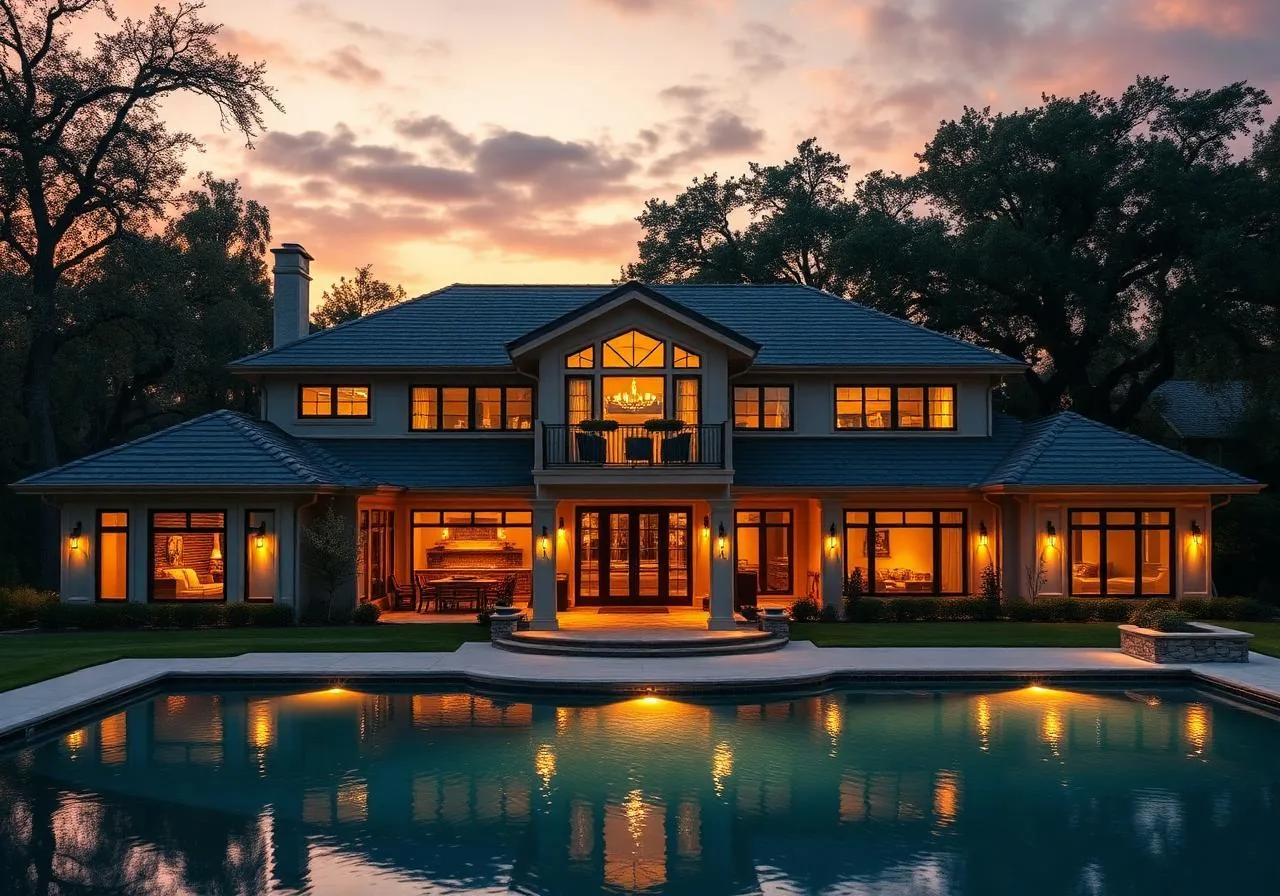 Custom Granite Bay, California estate at dusk with warm-lit windows, pool reflections, and mature oaks