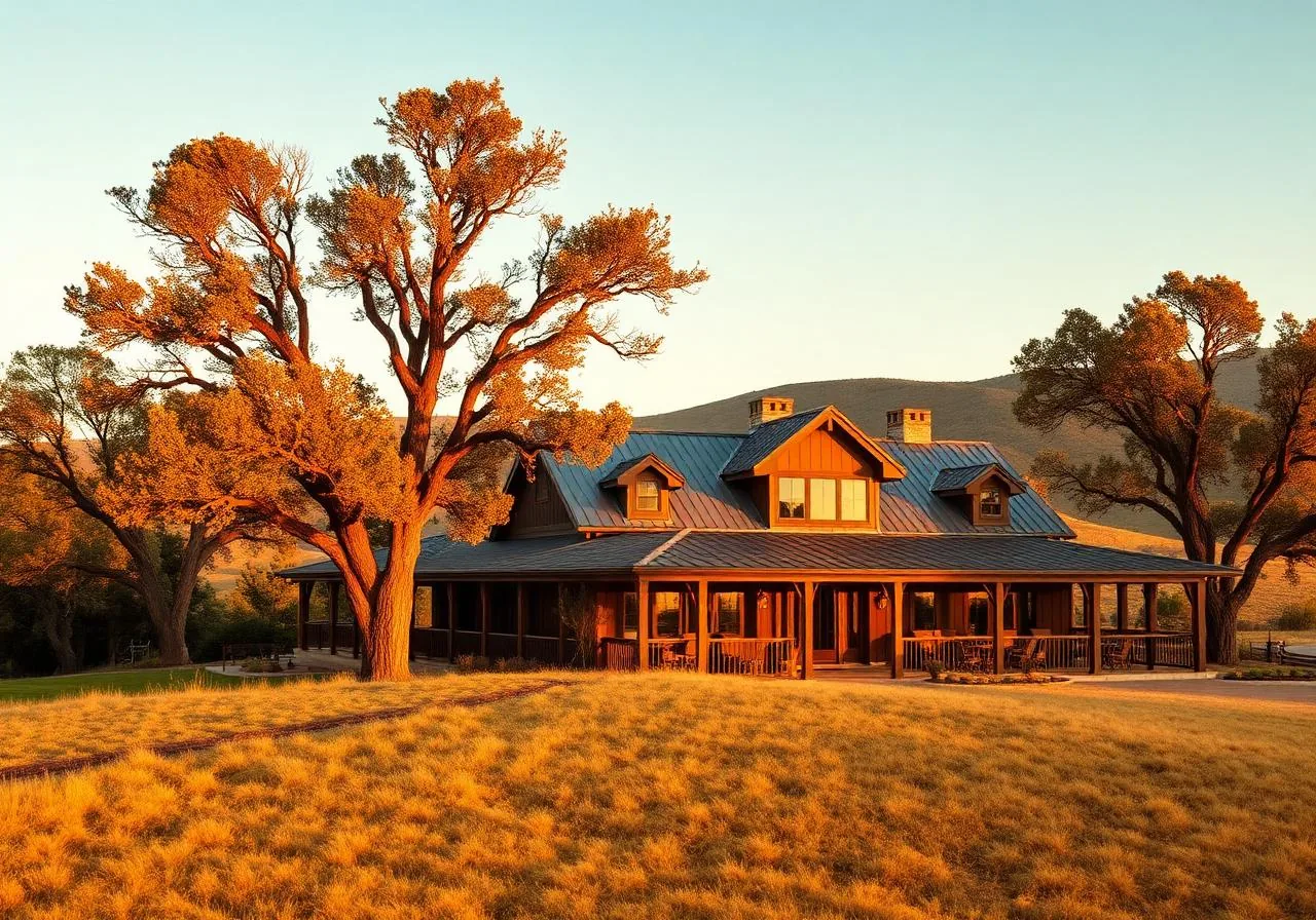 Foothill farmhouse in Newcastle, California at golden hour with oaks and rolling hills