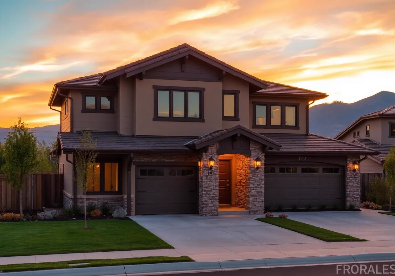 Craftsman two-story home in Rocklin, California at golden hour with Sierra foothills