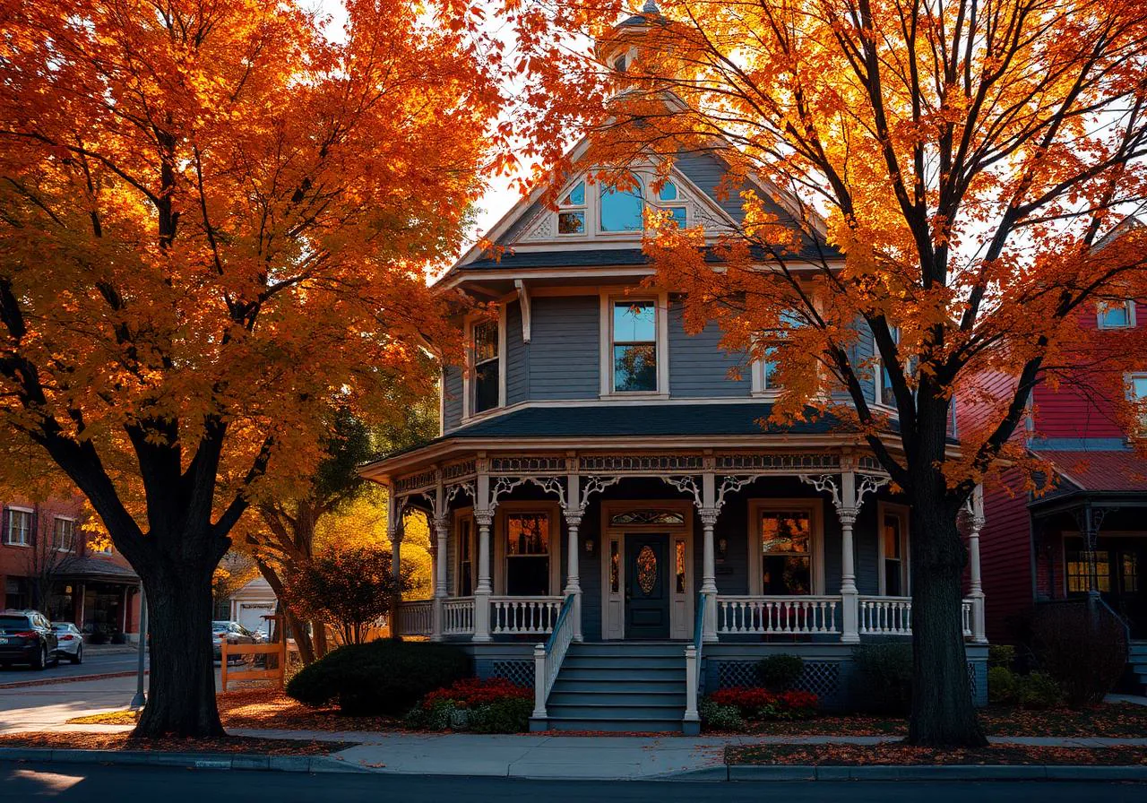 Victorian home with wrap-around porch in downtown Grass Valley, California in autumn
