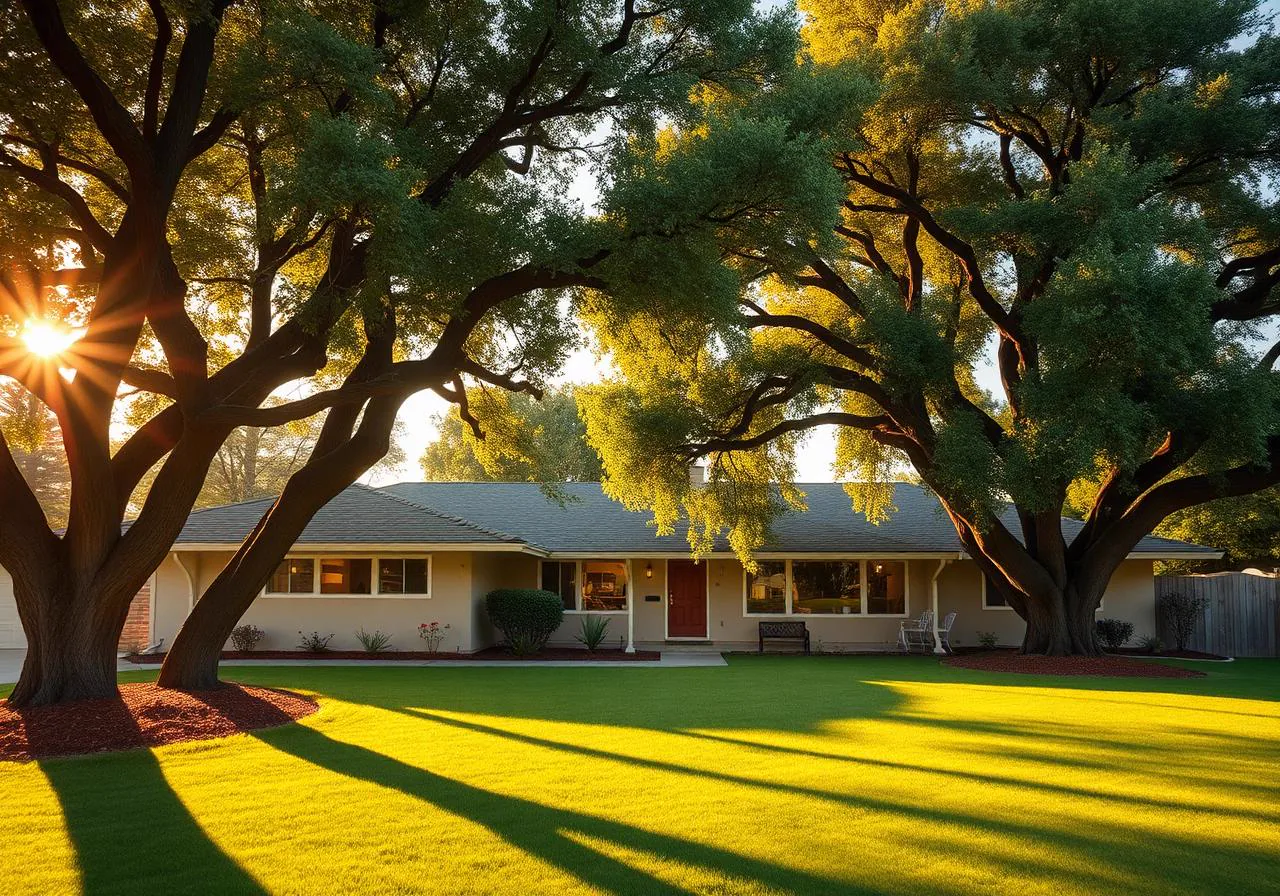 Mid-century ranch home under mature oaks in Carmichael, California in golden light