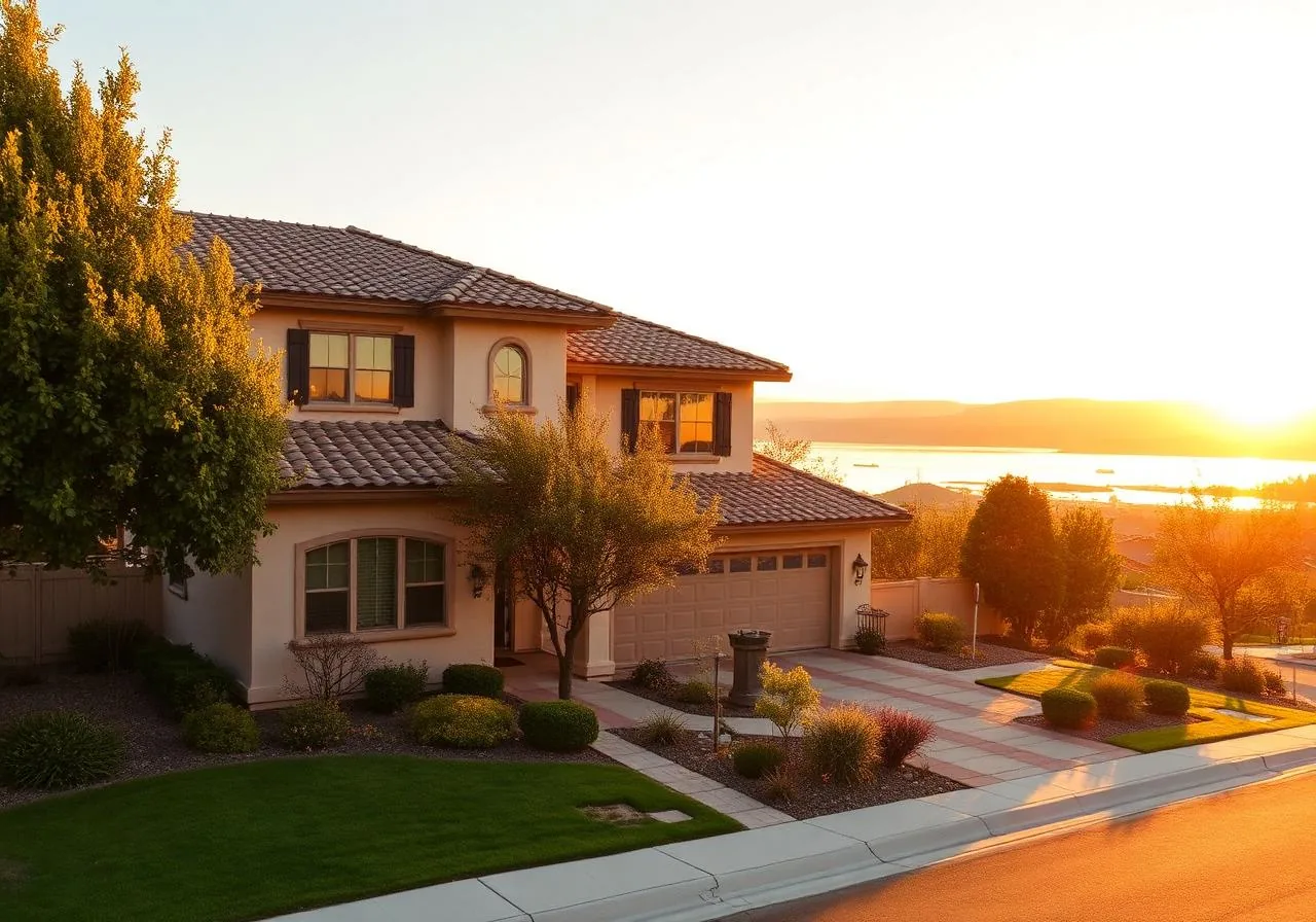 Two-story stucco Folsom, California home at golden hour with distant Folsom Lake and Sierra foothills