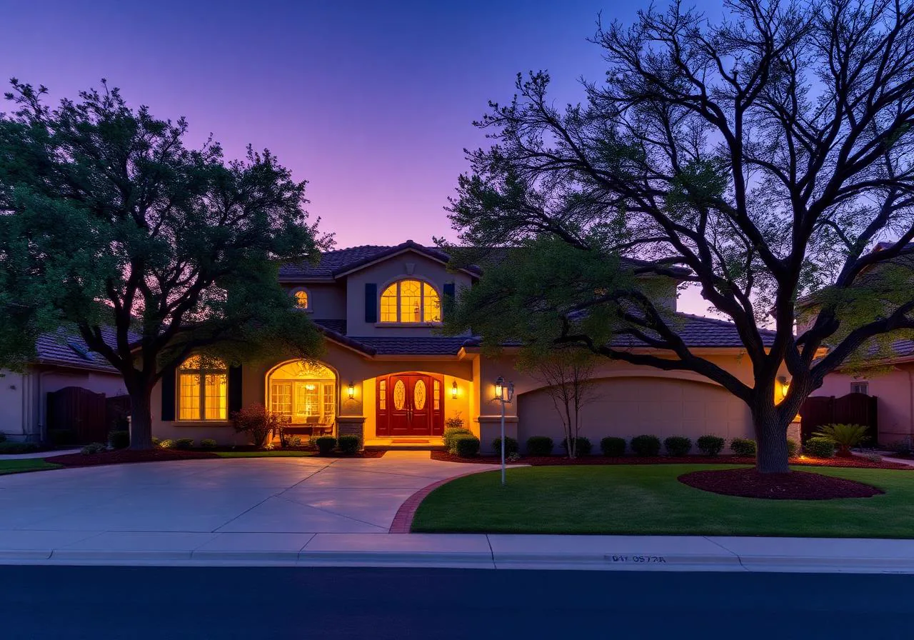 Two-story stucco Fountains neighborhood home in Roseville, California at dusk under mature oaks