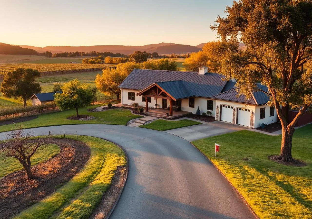 Custom farmhouse on rural acreage in Penryn, California wine country at sunset