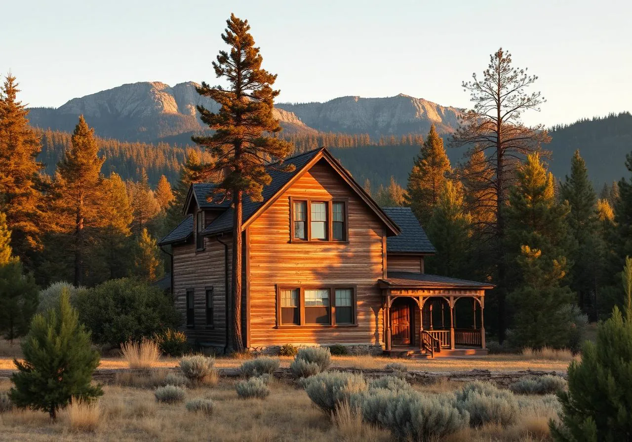 Gold-rush era wood home in Colfax, California with Sierra pines and mountains