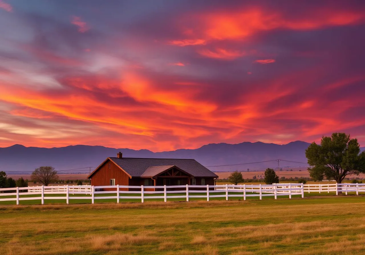 Rural country home with white horse fencing in Rio Linda, California under a dramatic sunset sky