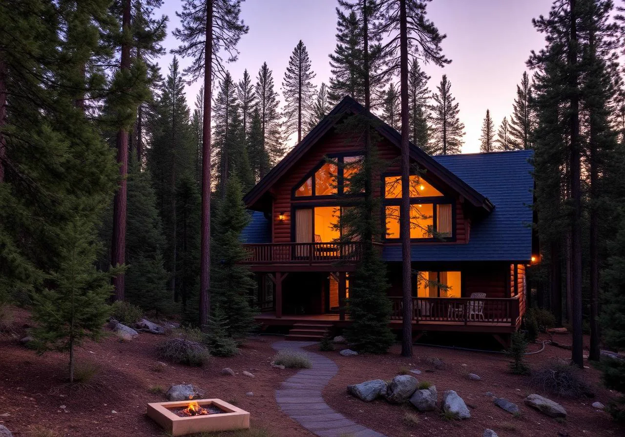 Mountain cabin home in Alta Sierra, California surrounded by tall pines at twilight