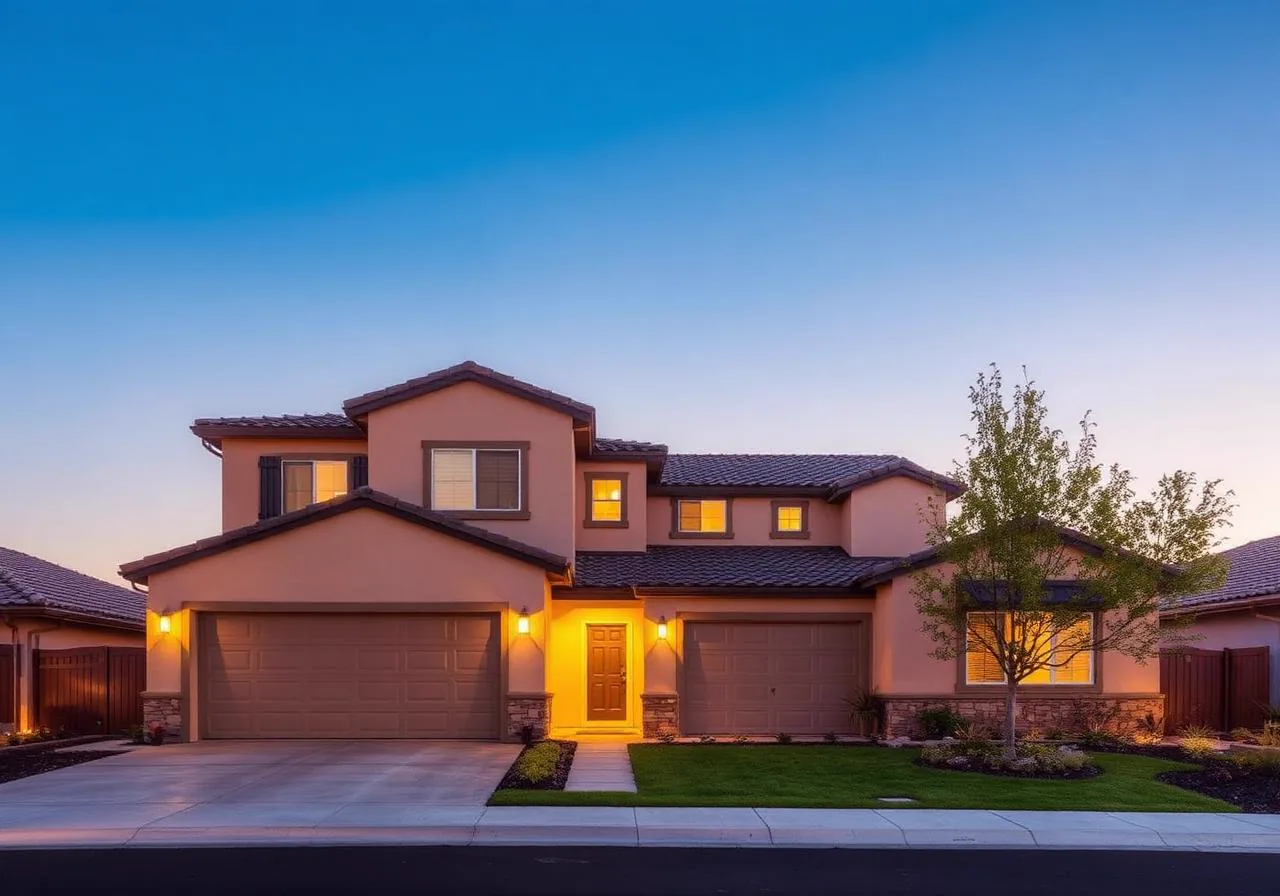 Modern two-story tract home in Rancho Cordova, California in evening light