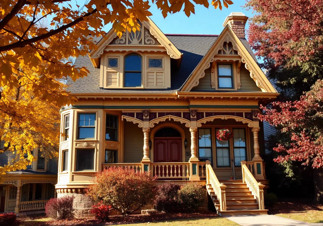 Ornate painted-lady Victorian home in historic Nevada City, California with fall foliage