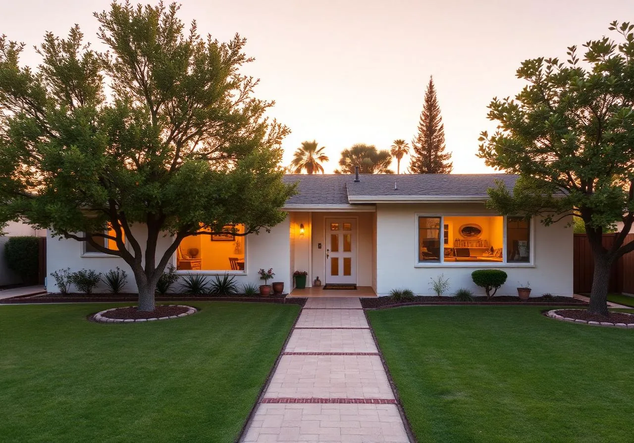 Renovated mid-century ranch home in Citrus Heights, California at golden hour with mature trees