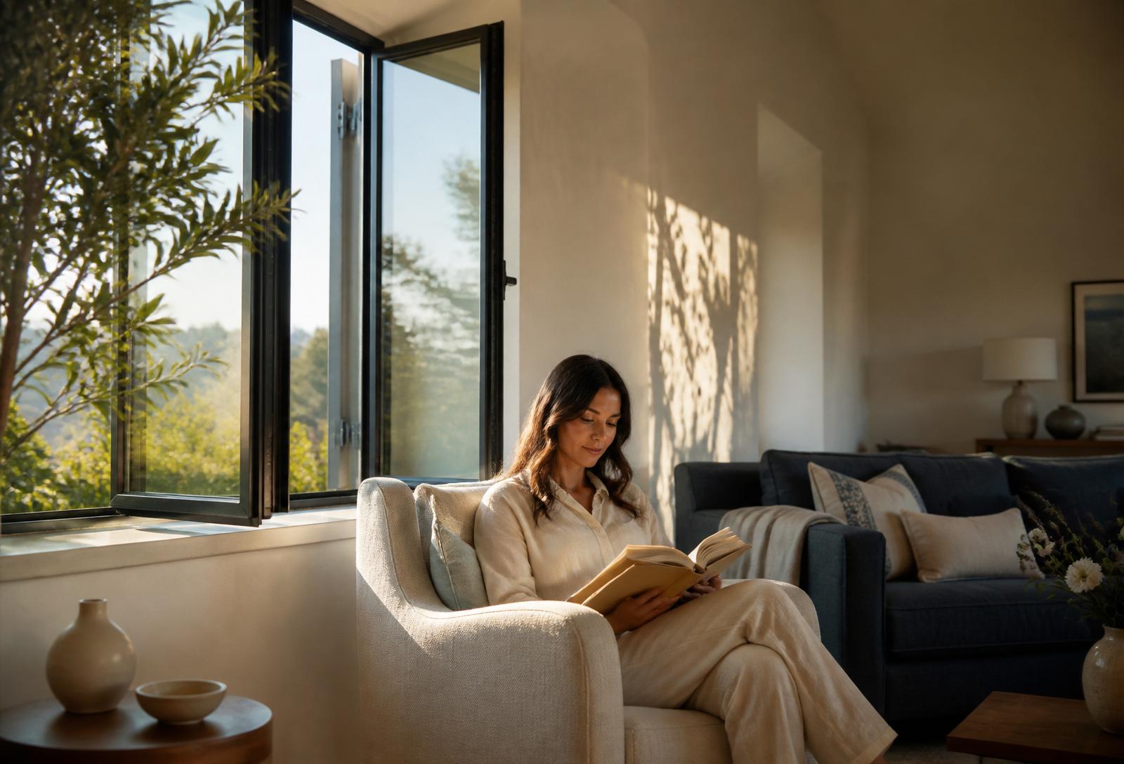 Sunlit living room with a newly installed casement window, a woman reading in a linen armchair