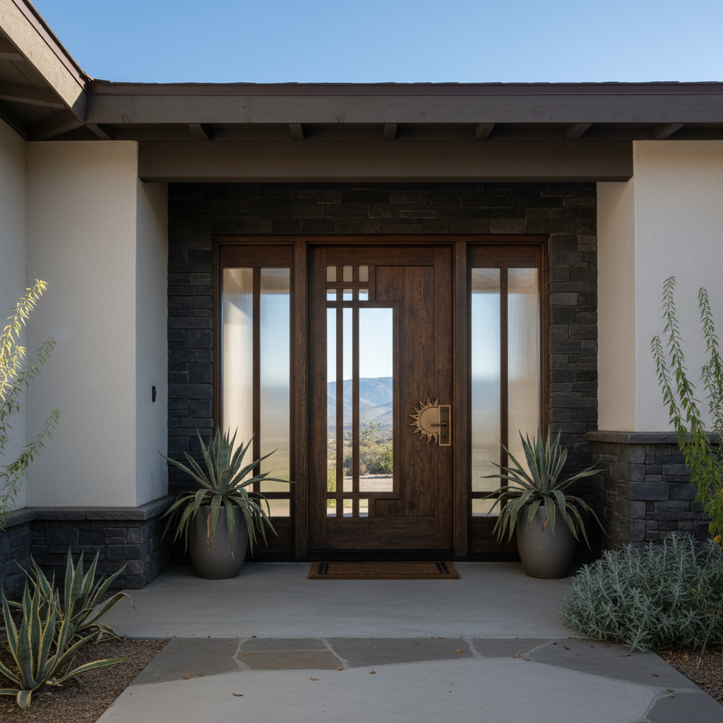 A Craftsman-style wood front entry door with sidelights, complemented by a rock facade and desert landscaping, enhancing a Placer County home.