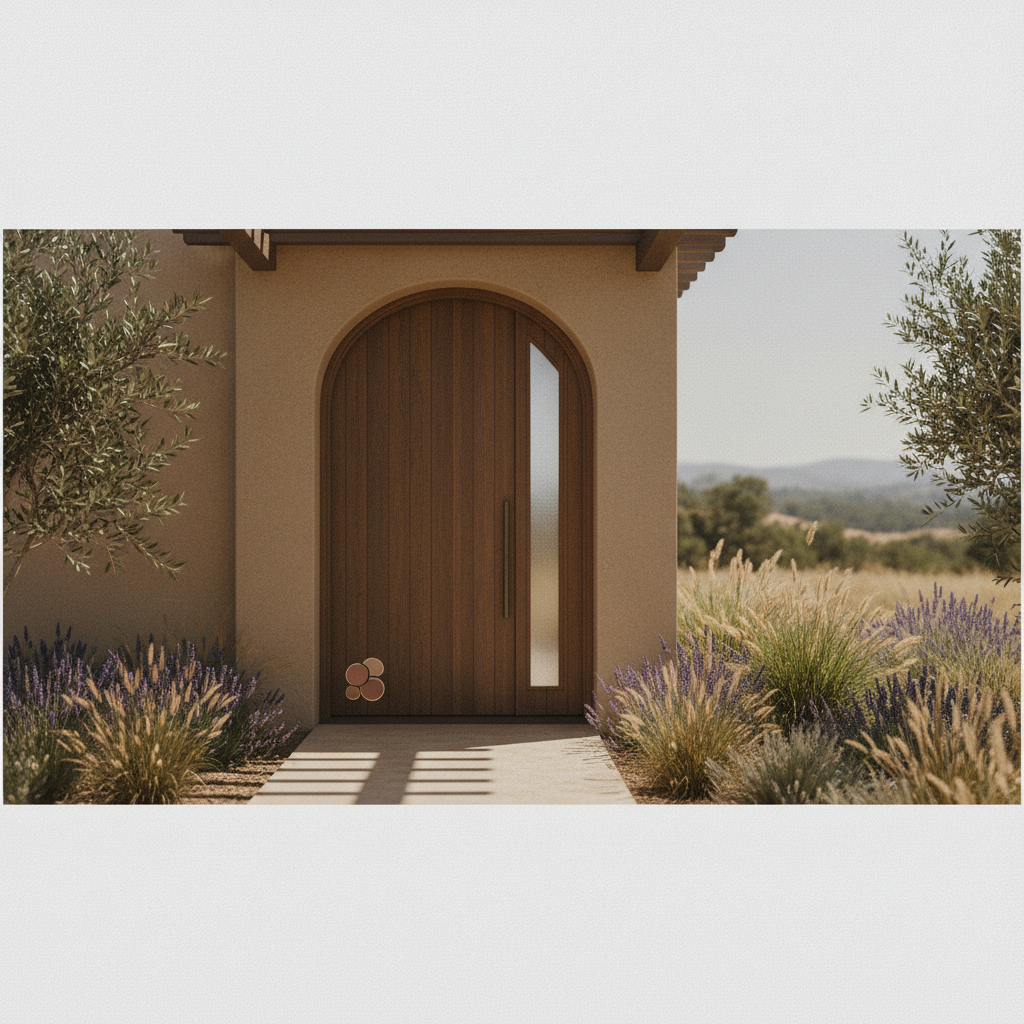 Arched wooden front entry door with a vertical frosted glass insert, perfect for hot climates Placer County.