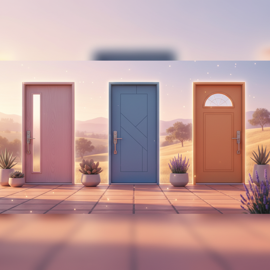 Three colorful doors (pink, blue, orange) sit on a tiled patio, representing choices for best front entry doors for hot clima