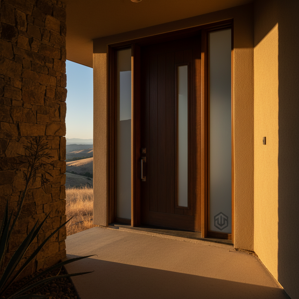 Modern dark wood front entry door with frosted side panels, stone pillar, and hillside view of Placer County.