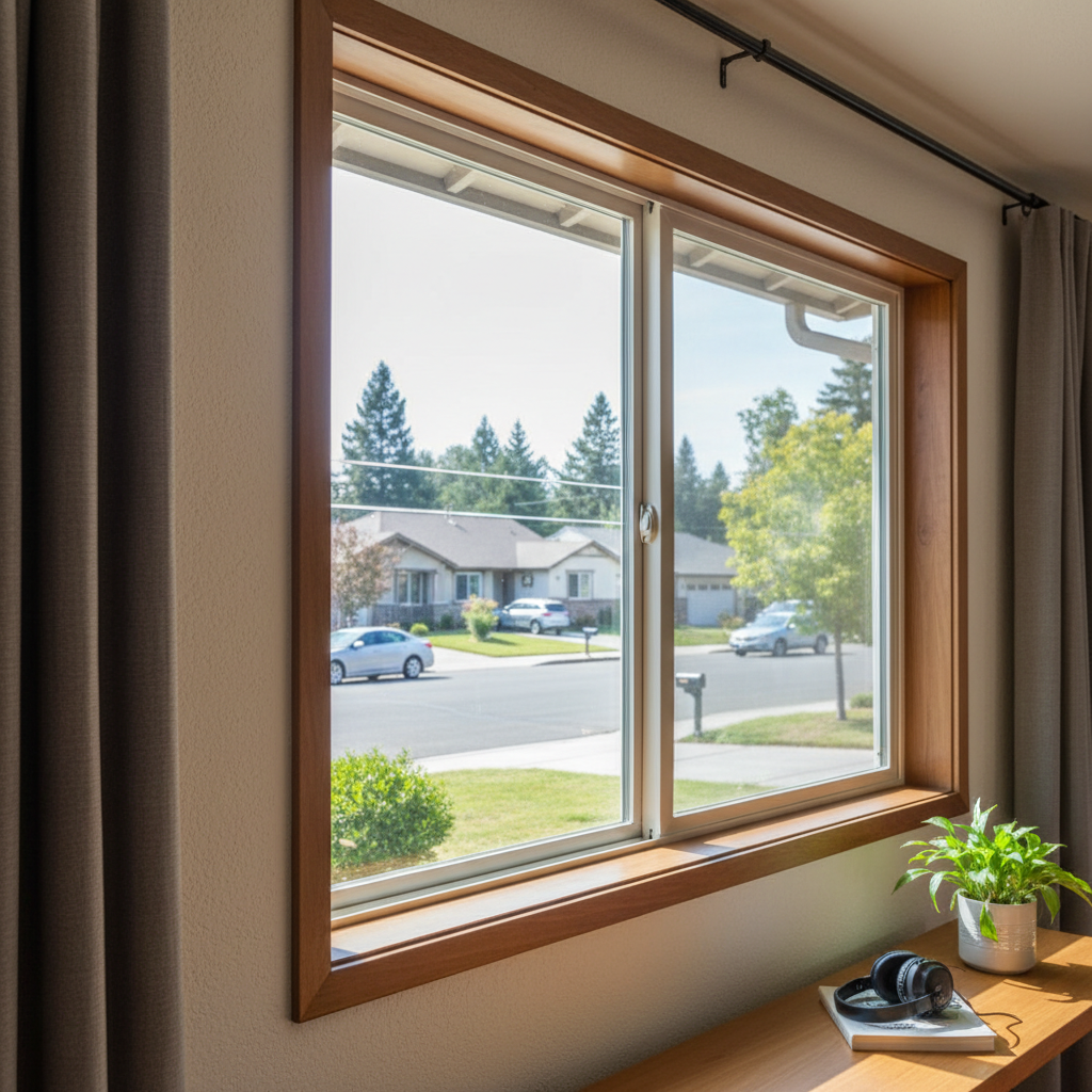 Large sliding window with wooden trim, dark beige curtains, plant, and headphones. Represents best window types for noise red