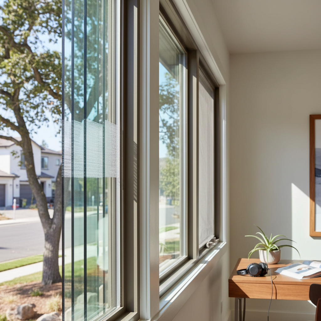 Modern window with multiple panes and an integrated shade, illustrating how best window types for noise reduction Rocklin wor