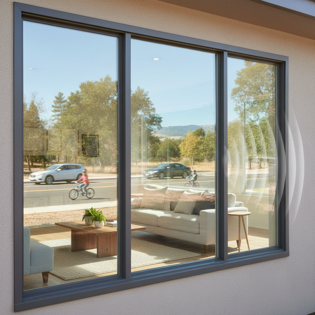 Large modern sliding glass window showing active street view outside and living room inside, with sound waves indicating nois