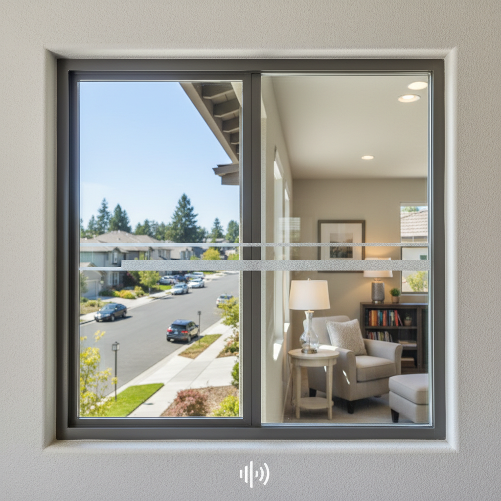 Window showing a quiet living room interior and a busy street, highlighting best window types for noise reduction Rocklin.