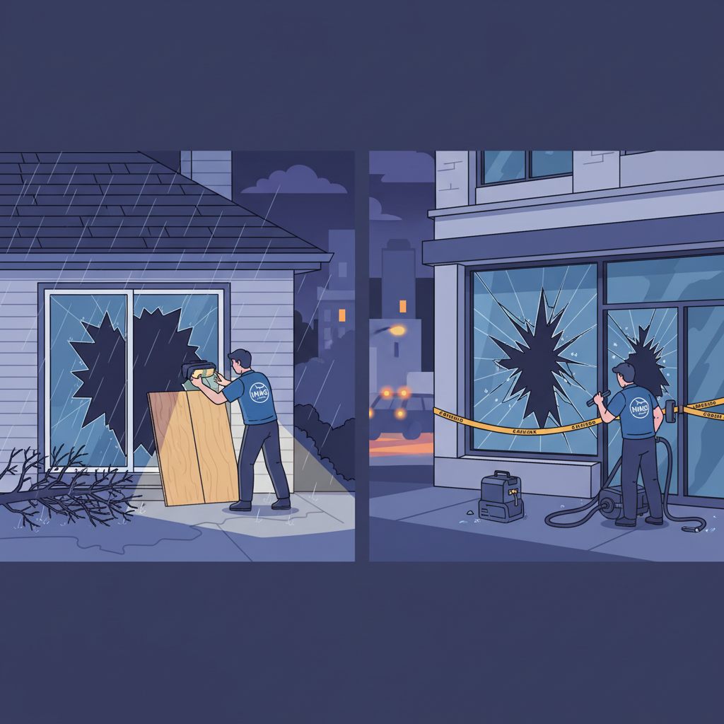 Two scenes: a technician boarding up a home's broken window in the rain, and another cleaning a shattered storefront, for eme