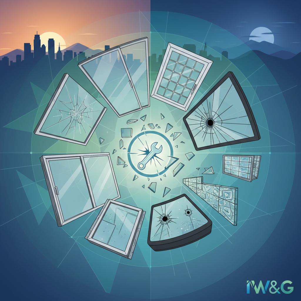 Cartoon showing various broken and intact glass windows, doors, and glass panels surrounding a repair icon. Emergency glass r