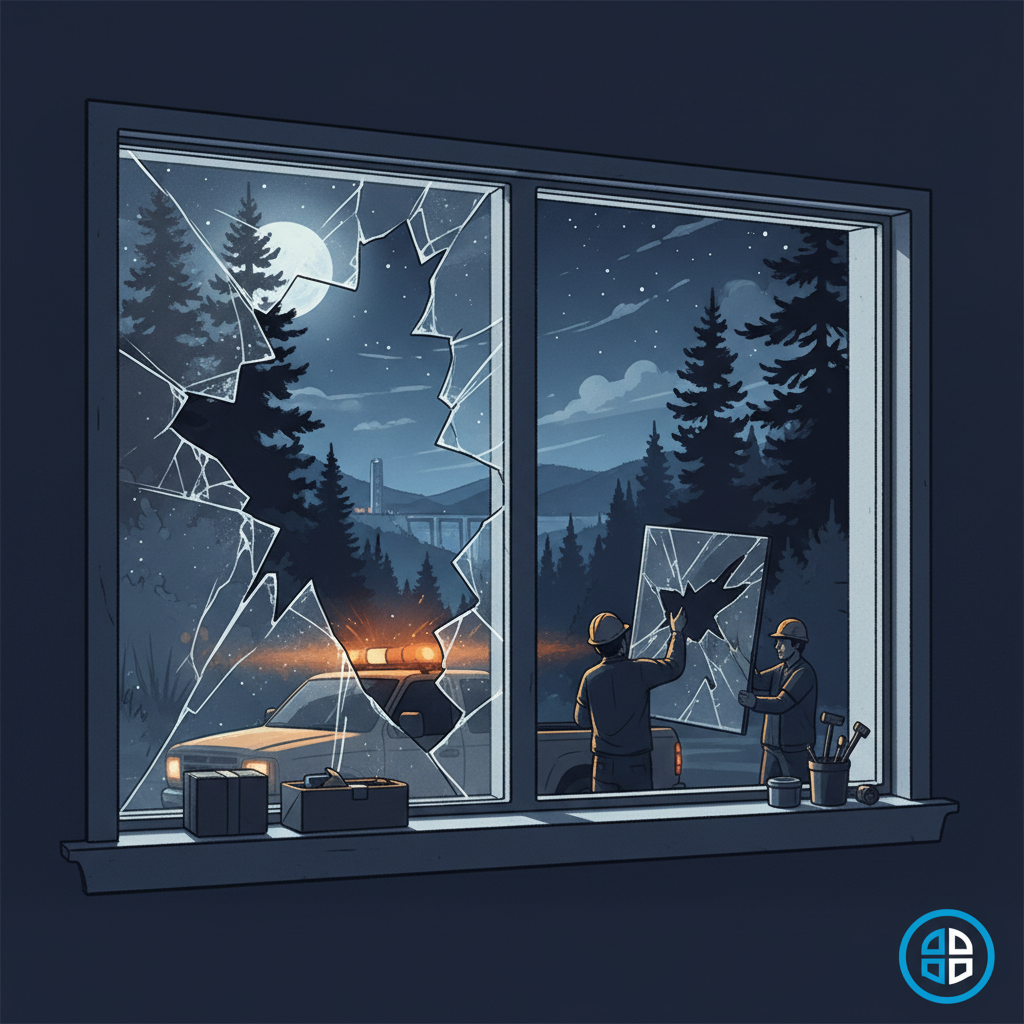 Night view of a broken window with repairmen replacing glass and a police car outside, highlighting emergency glass repair Pl