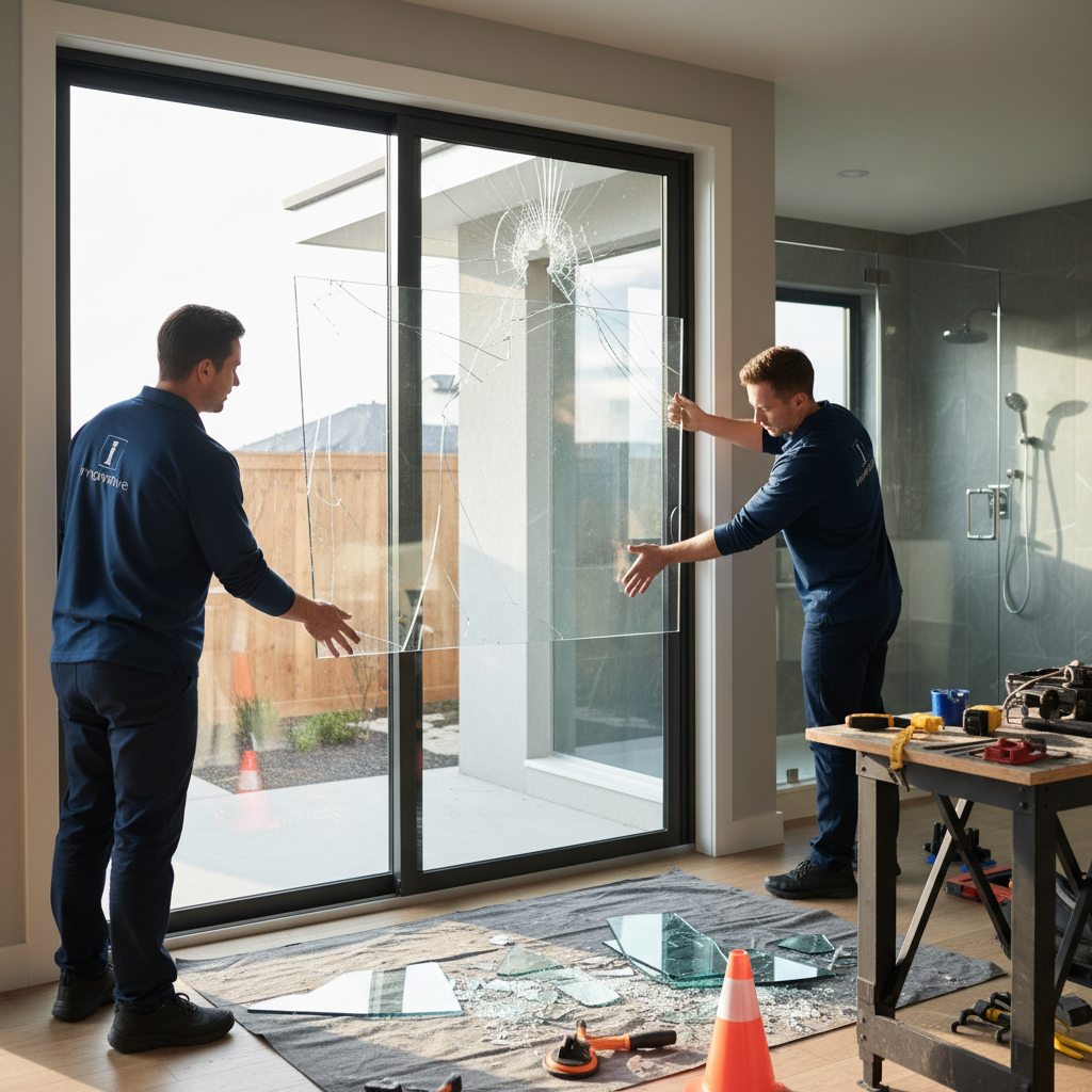 Two skilled technicians performing glass repair on a large sliding door with a broken glass pane, ensuring security and proper functioning.