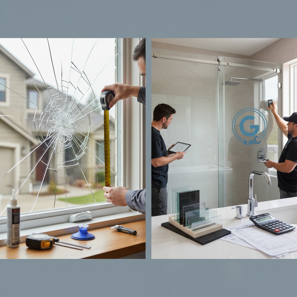 Technicians accurately measuring a shattered window and calculating costs for a detailed glass repair and efficient shower door replacement.