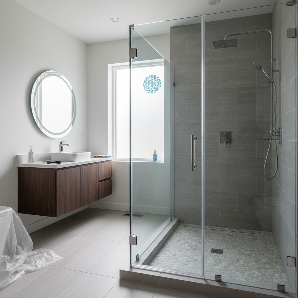 Modern bathroom featuring a clear glass shower door replacement, a floating wood vanity, and a stylish oval mirror.