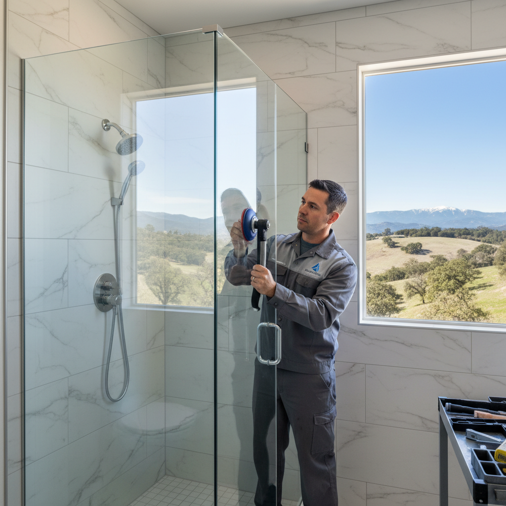 Technician using a suction cup tool to install a glass shower door, highlighting expert glass repair and shower door replacem