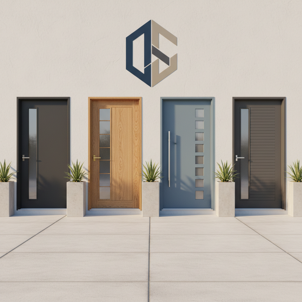 Four modern front entry doors in varying styles and colors, with planters. How to choose front entry door Rocklin.