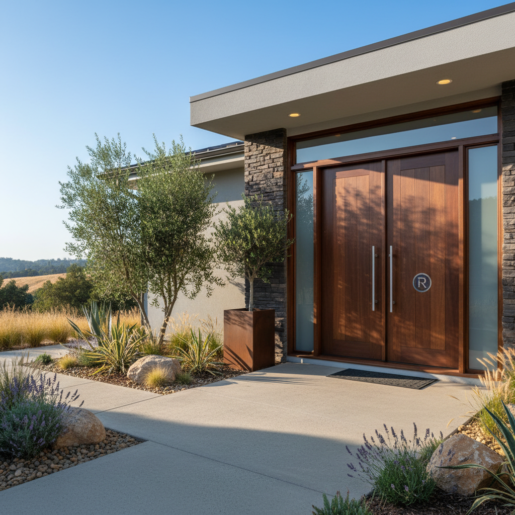 Modern wood double front entry door with side windows, stone facade, and landscaping in Rocklin.