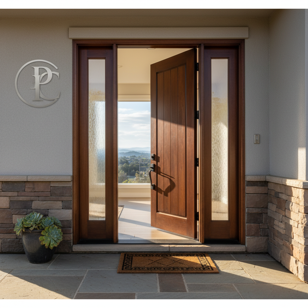 Open premium dark wood front entry door in Rocklin home with sidelights, stone accents, and scenic view.