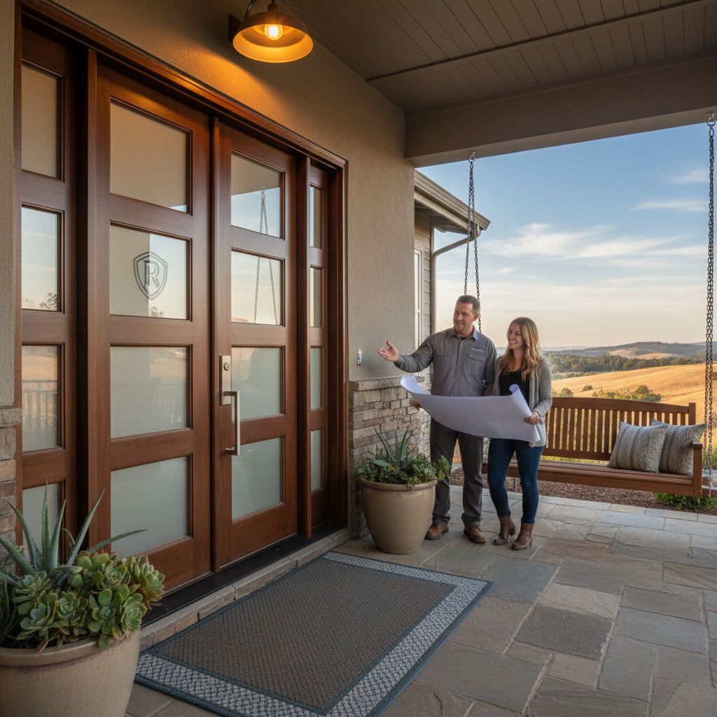 Experts discussing how to choose front entry door Rocklin on a porch with house plans.