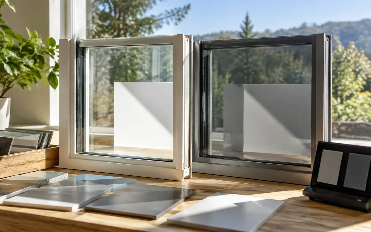 Clear and subtly tinted insulated window samples compared in direct afternoon light