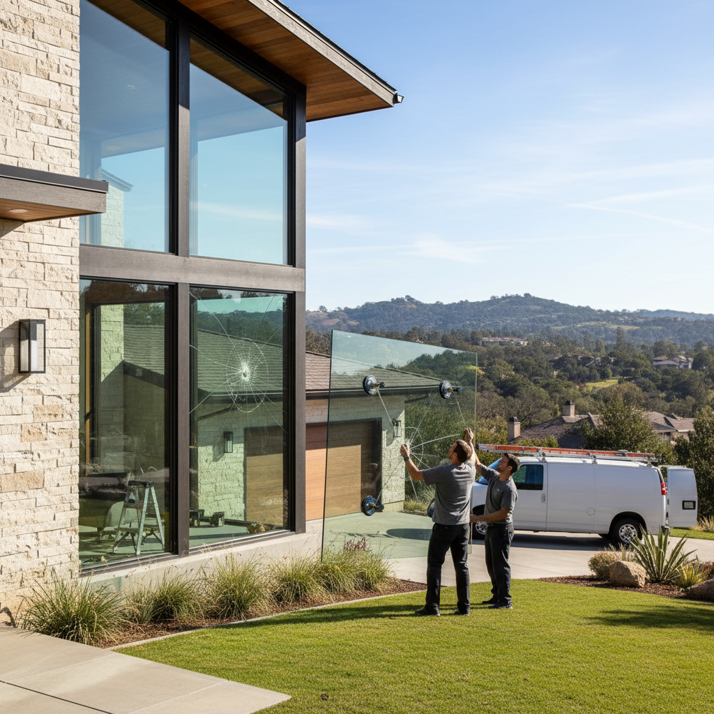 Two men performing residential glass replacement on a large, cracked window of a modern stone house, with a white van nearby.