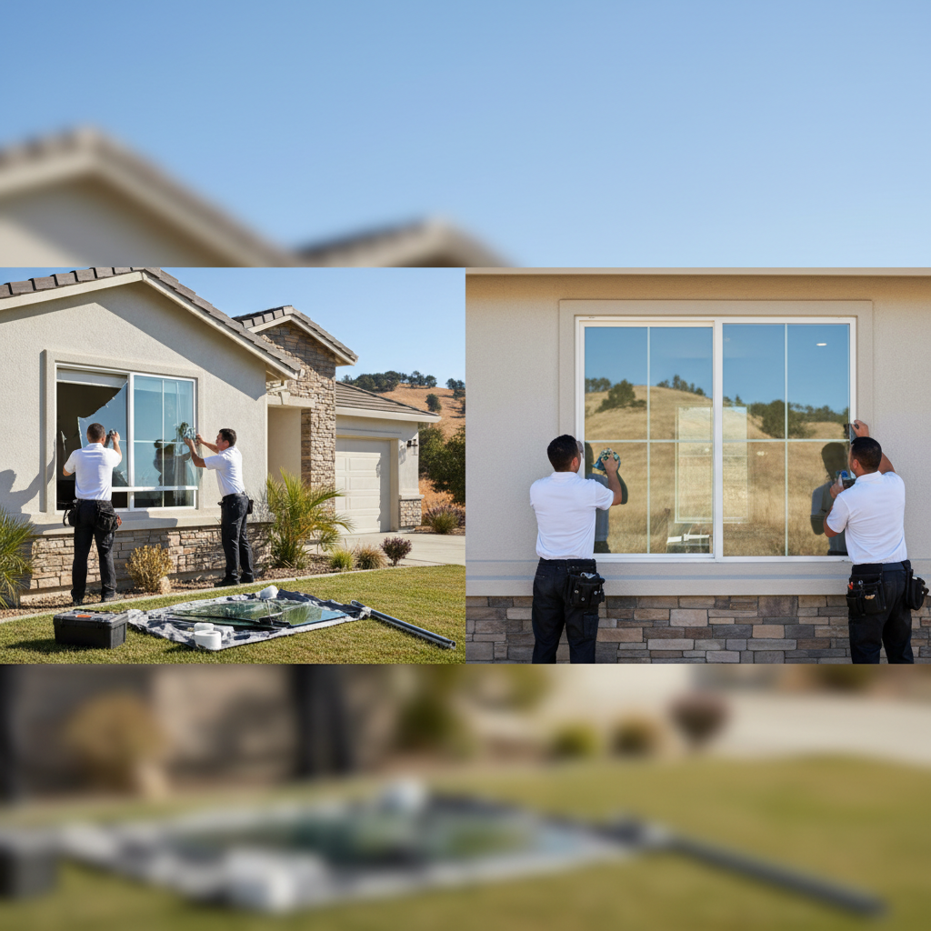 Two technicians perform residential glass replacement, one repairing a broken window, the other installing new glass.