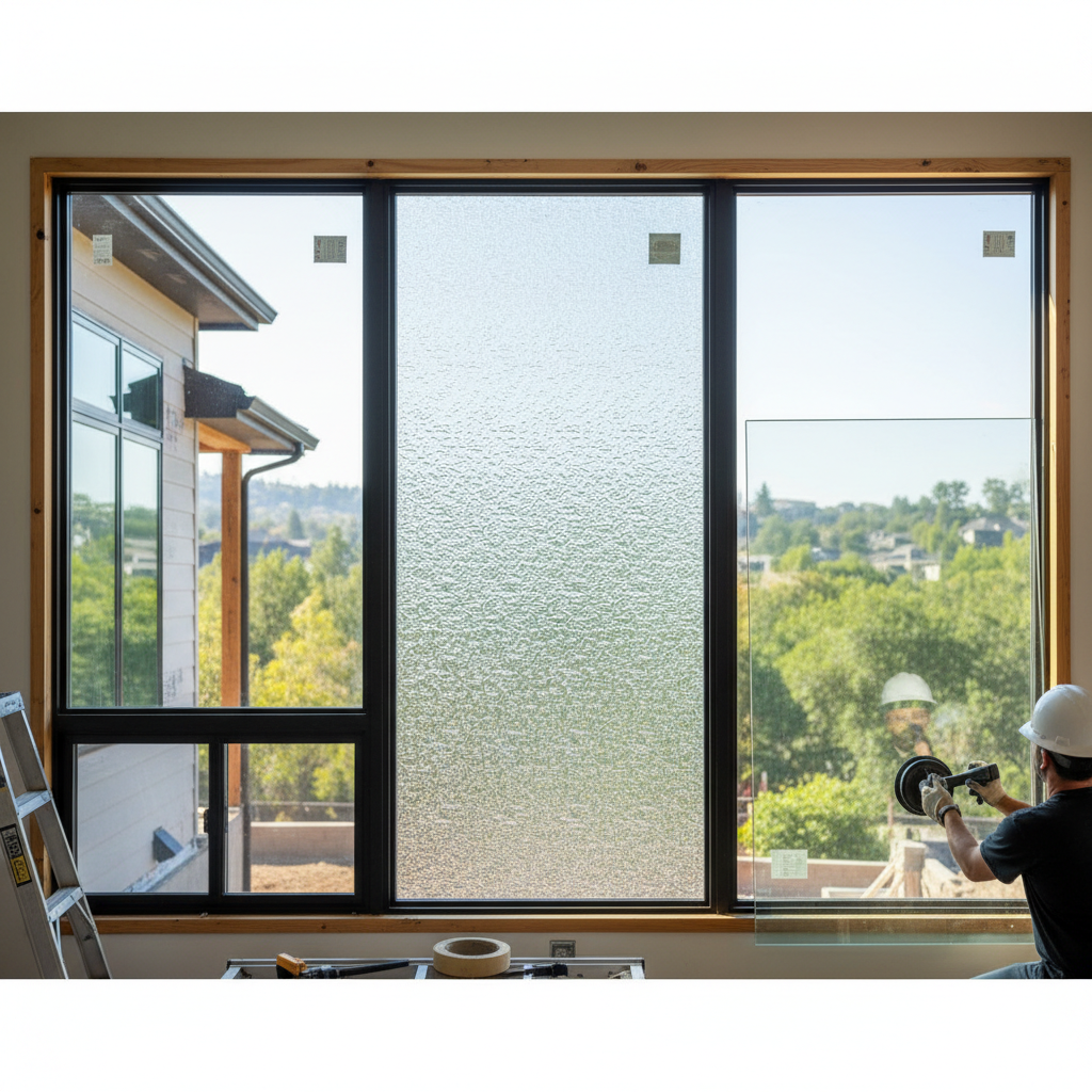 Worker installing clear and etched glass panels in a window frame during residential glass replacement.