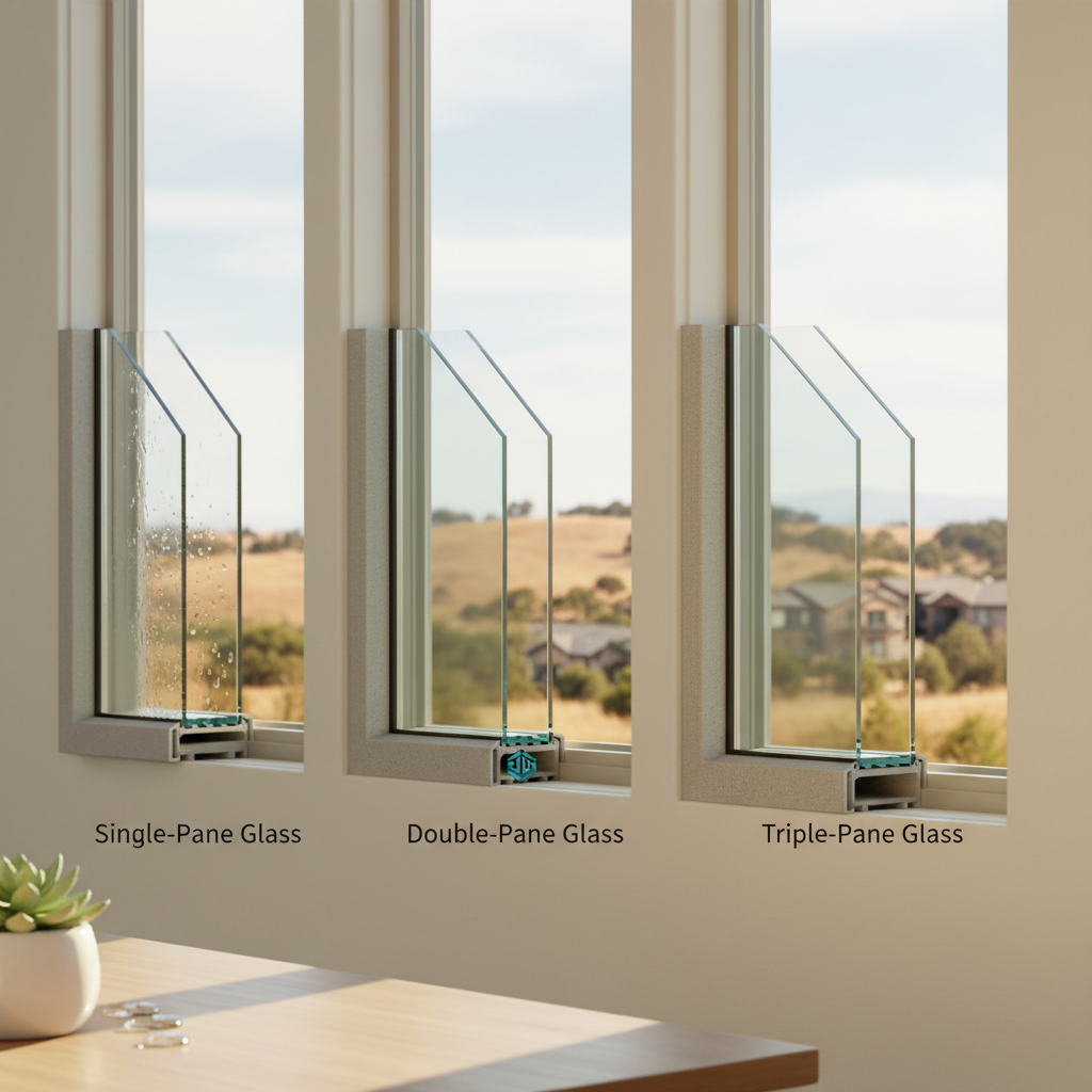 Visual comparison of single, double, and triple-pane glass options, showing types of replacement windows Rocklin.