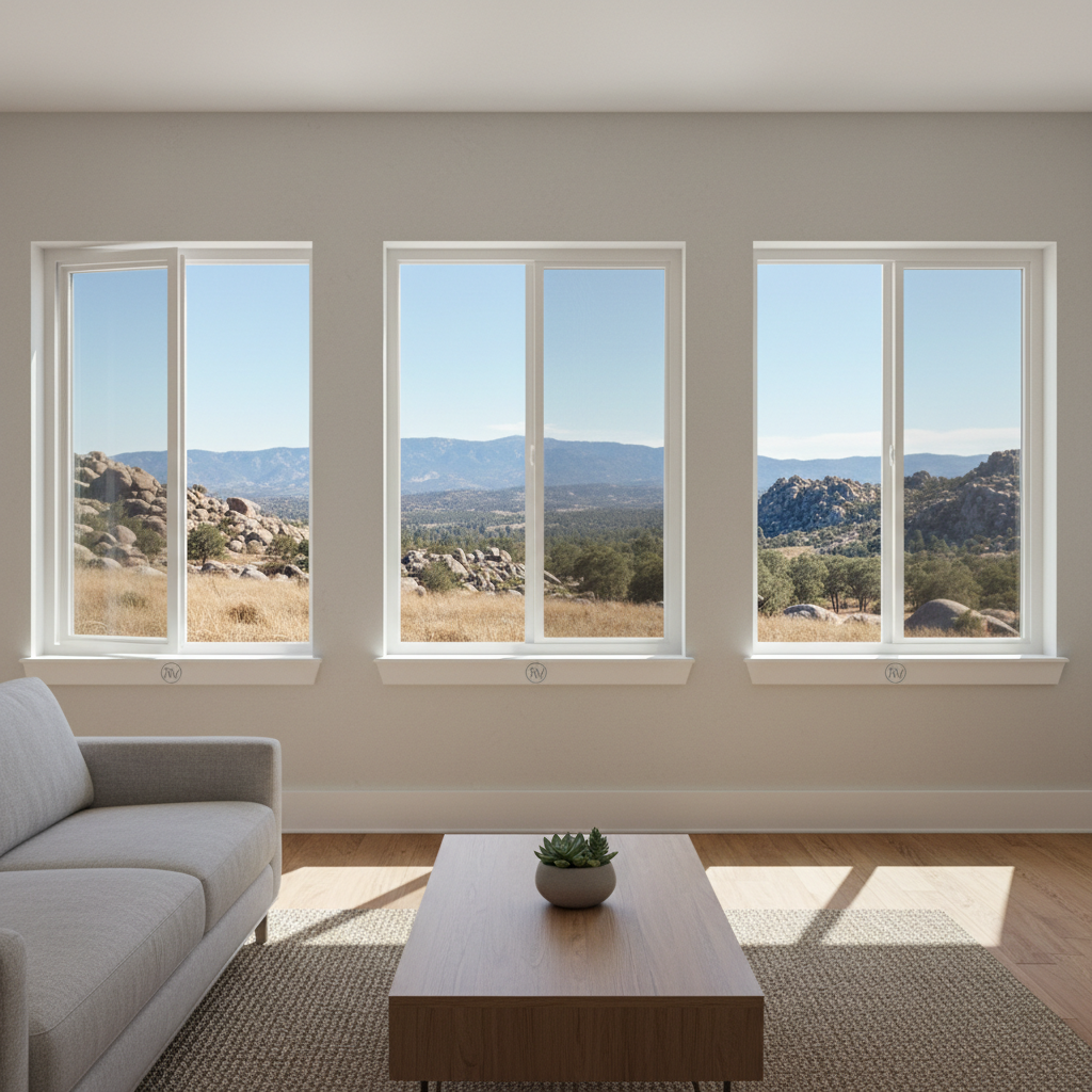 Three white-framed horizontal slider types of replacement windows in a living room viewing a rocky landscape.
