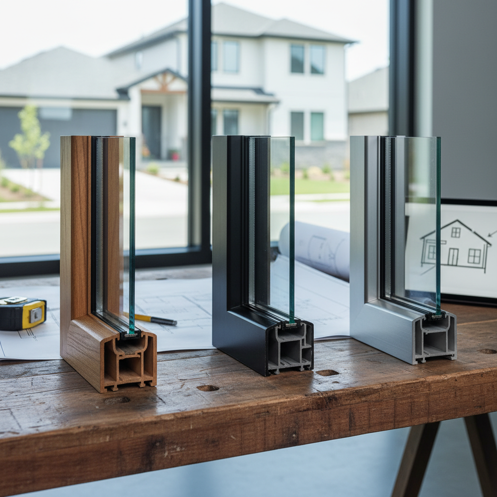 Three cross-section samples of replacement windows Rocklin, showing wooden, black, and silver frames with glass panes.