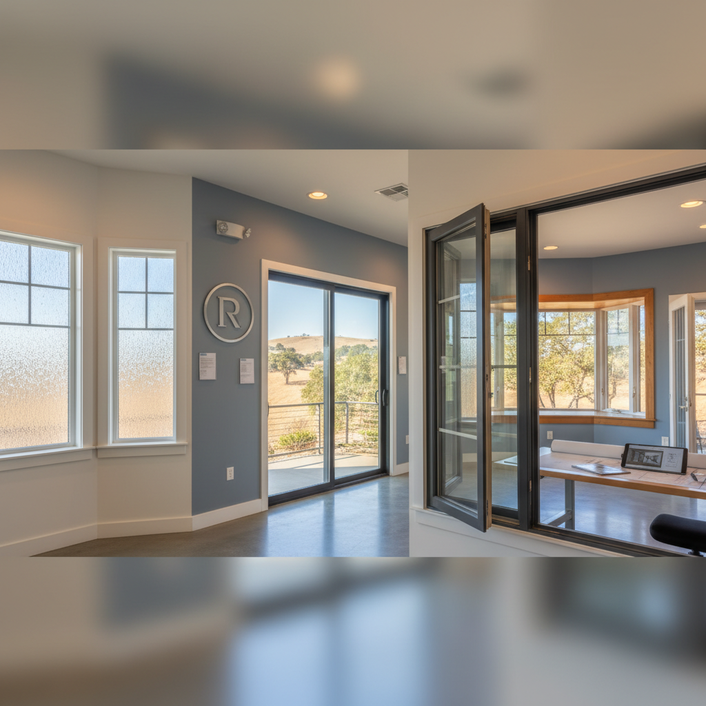 Variety of types of replacement windows Rocklin, including sliding, casement, and large fixed bay windows with natural views.