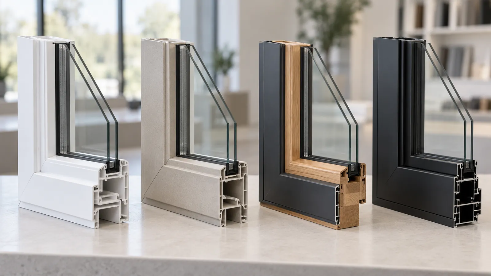 Corner samples of vinyl, fiberglass, wood-clad, and aluminum window frames displayed side by side