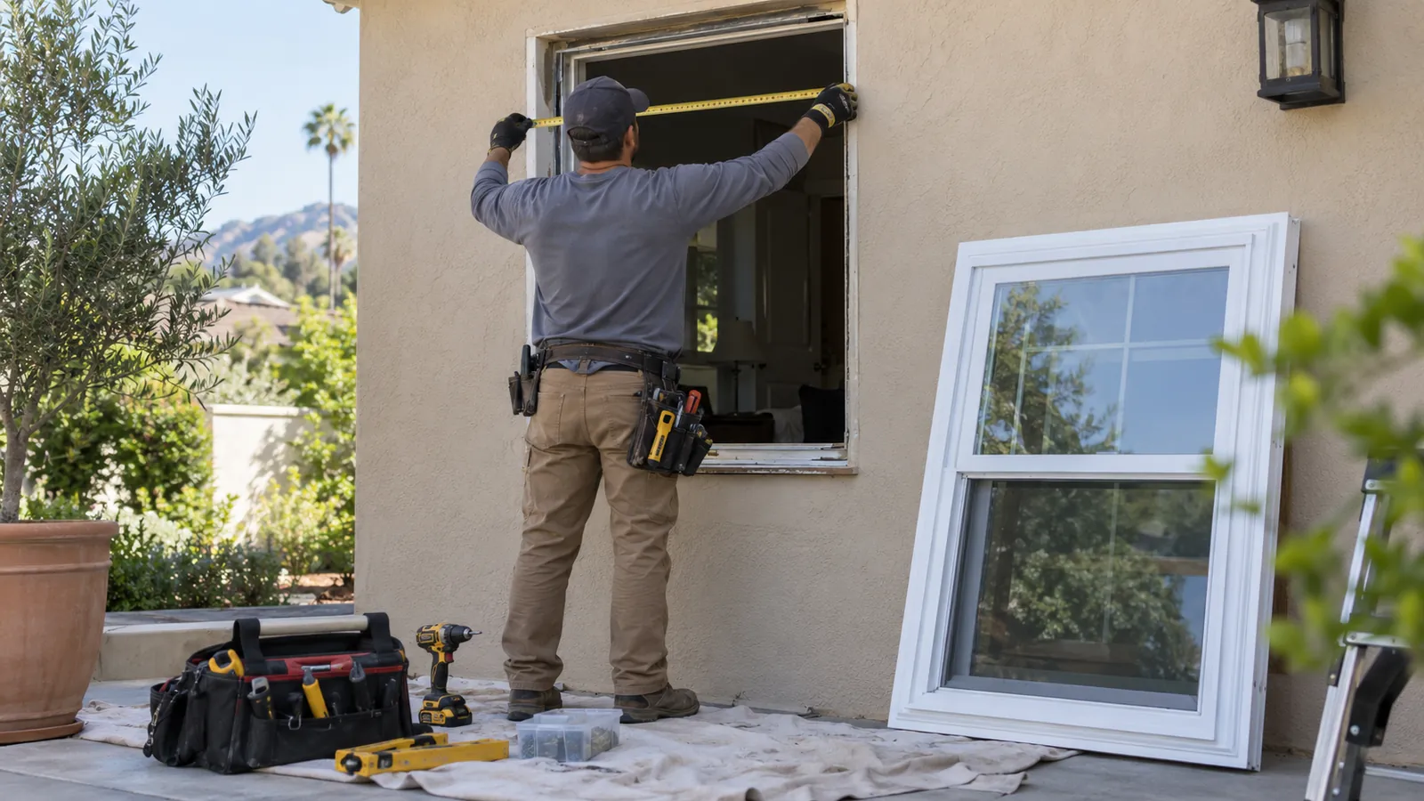 Installer measuring and fitting a new replacement window into an existing opening on a stucco home