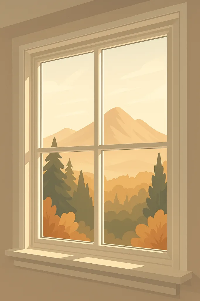 Stylized illustration of a double‑pane window overlooking Placer County mountains and trees.